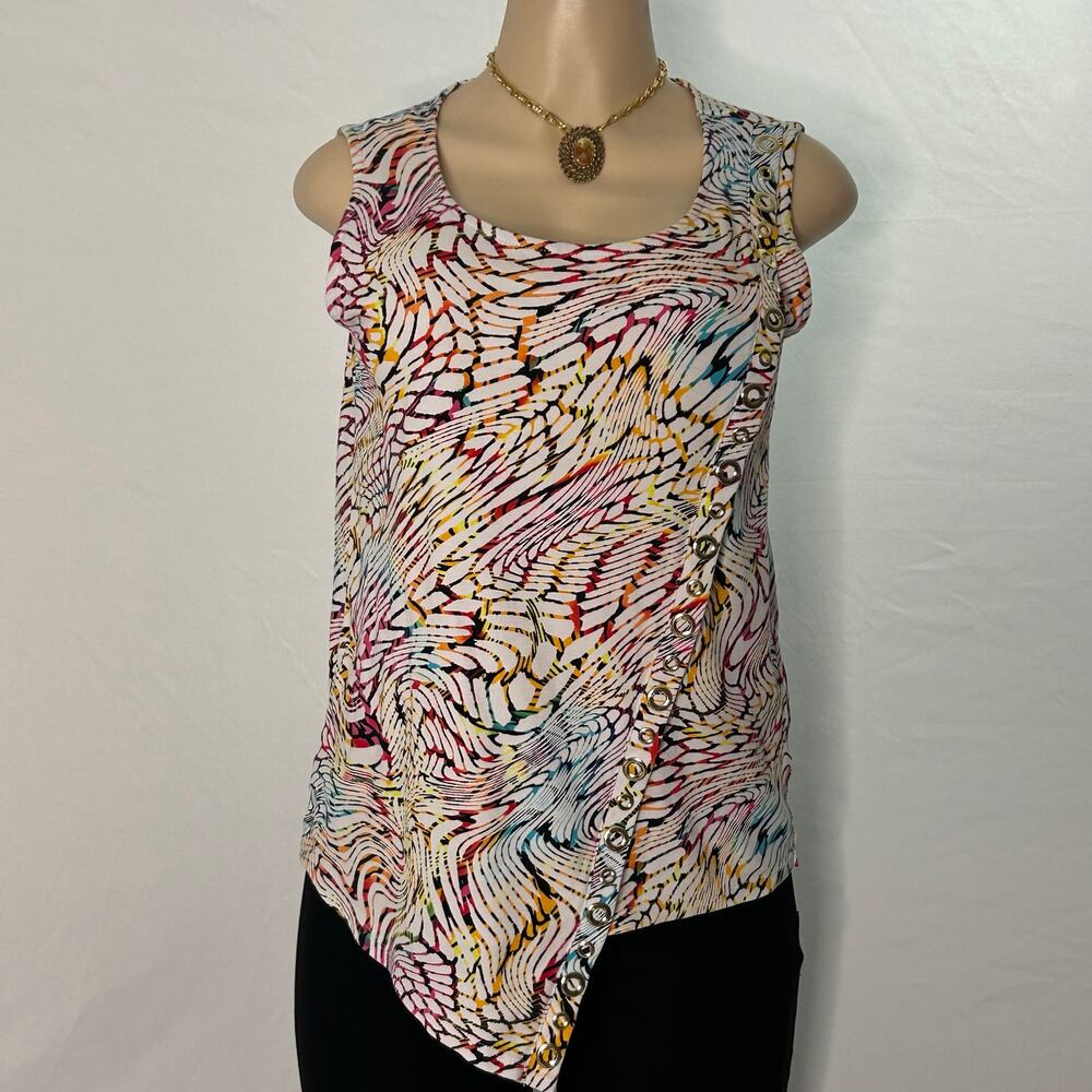 Rafaella Abstract Print Asymmetrical Top Sleeveless Grommet Detail  Blouse M
